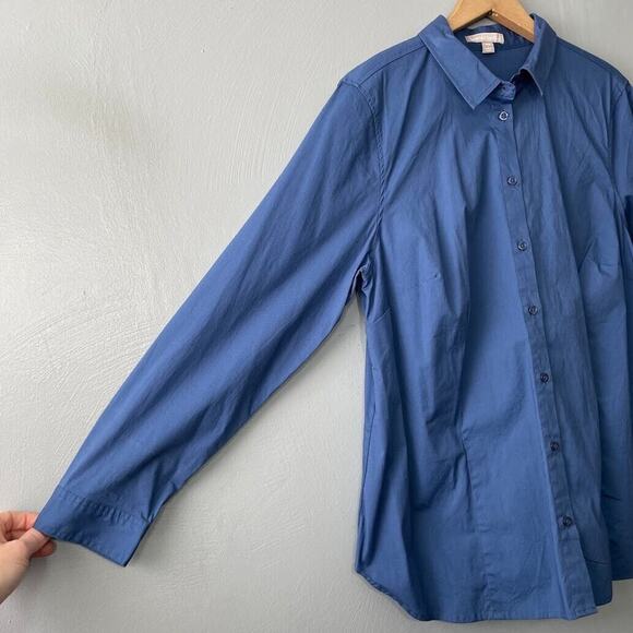 Woman Within Size 18 20 L Blue Button Up Shirt Stretch Cotton Stuctured Career - Picture 2 of 9